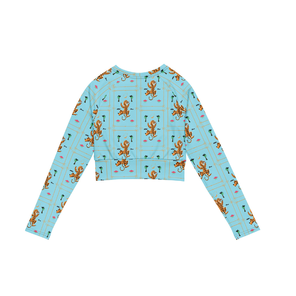 Blue Palm Long Sleeve Crop Top