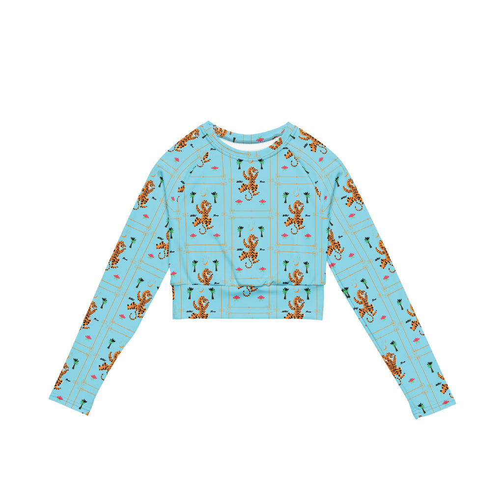 Blue Palm Long Sleeve Crop Top